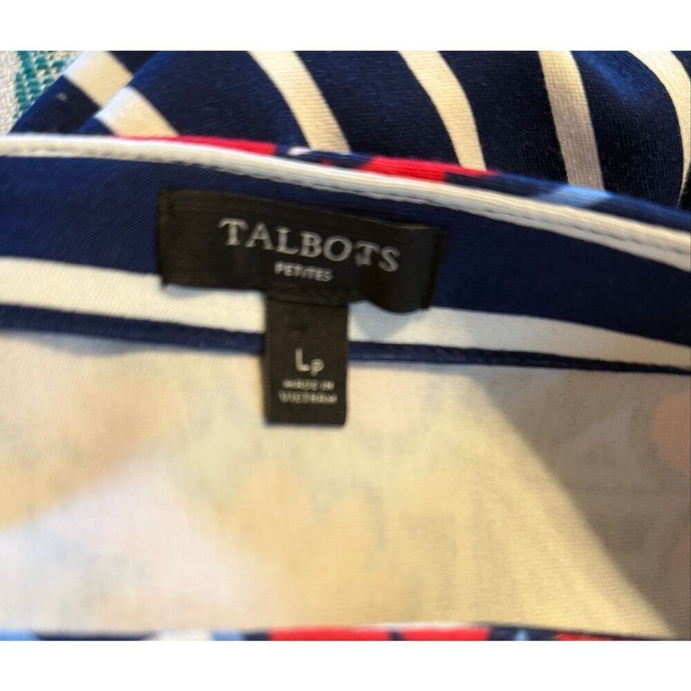 Talbots Size L Petite Blue & White Stripe Shift Dress Red Floral Neck 3/4 Sleeve - Picture 11 of 12